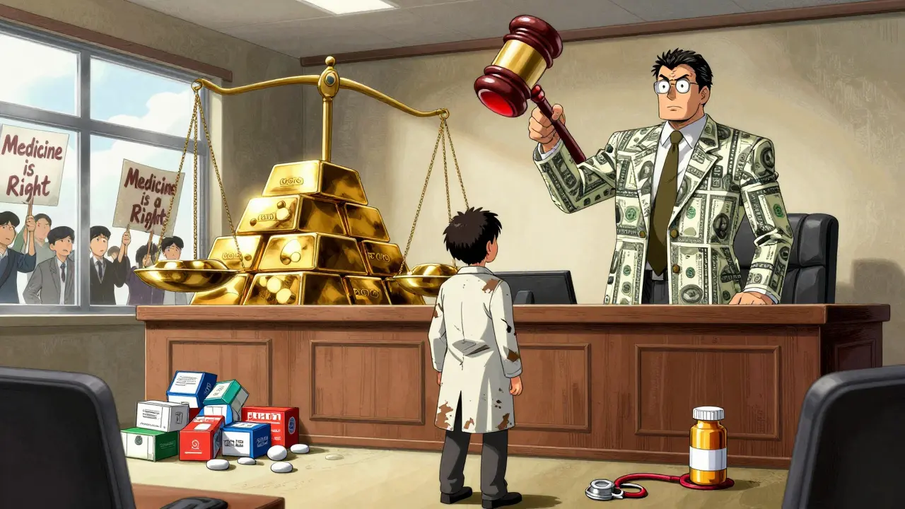 Doctor facing corporate lawyer in courtroom, scale tipped toward money over medicine boxes and a child's stethoscope.
