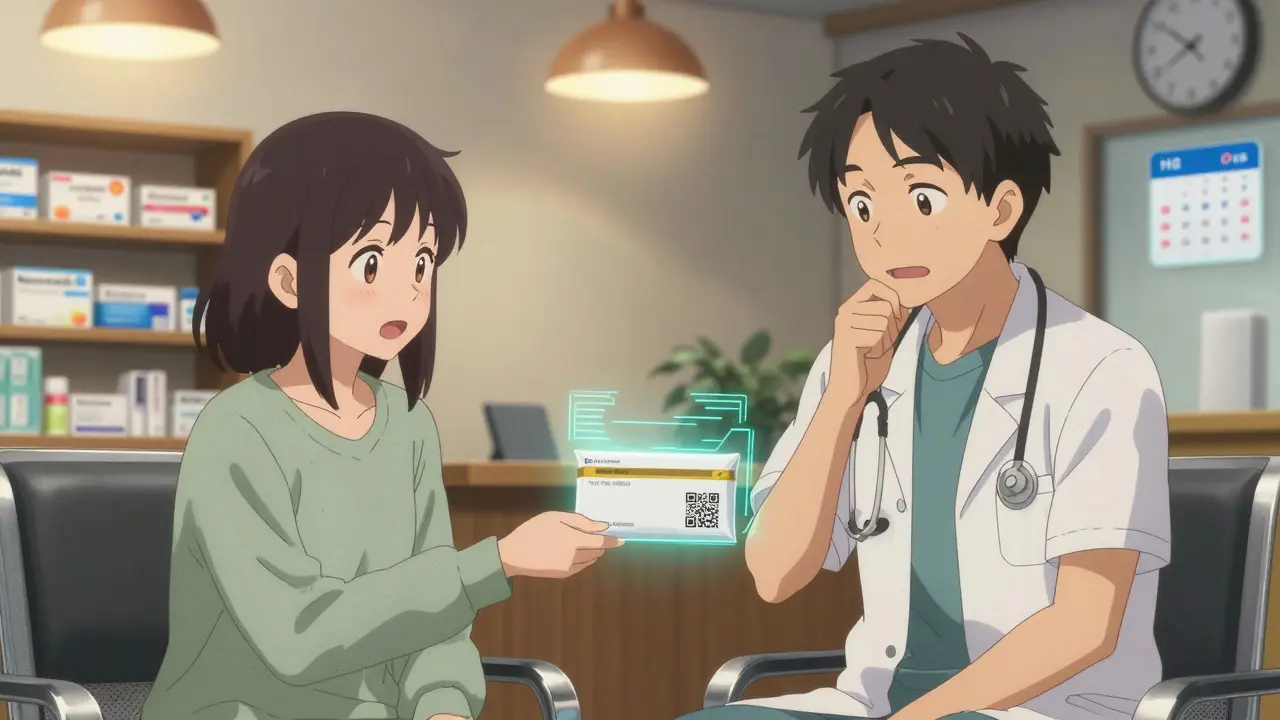 Doctor handing medication sample envelope with glowing QR code to patient.