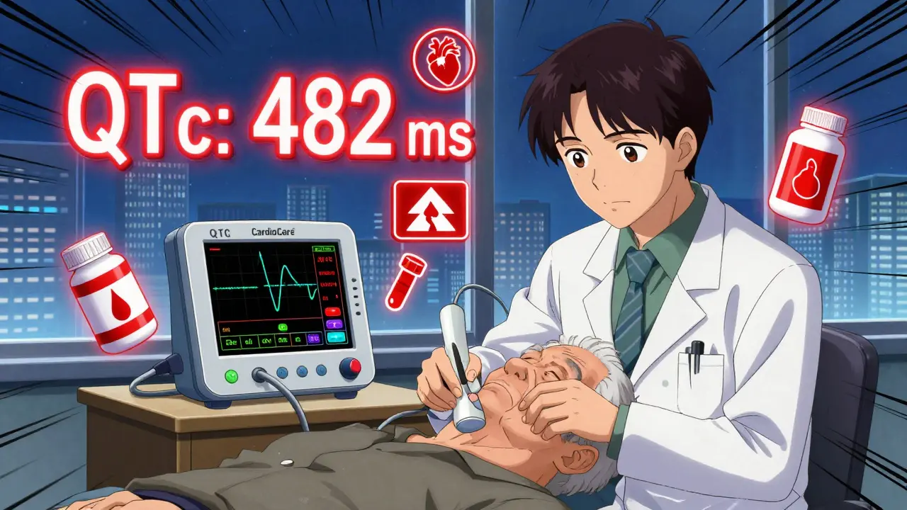 Doctor using a handheld ECG device on an elderly patient with warning symbols floating nearby.