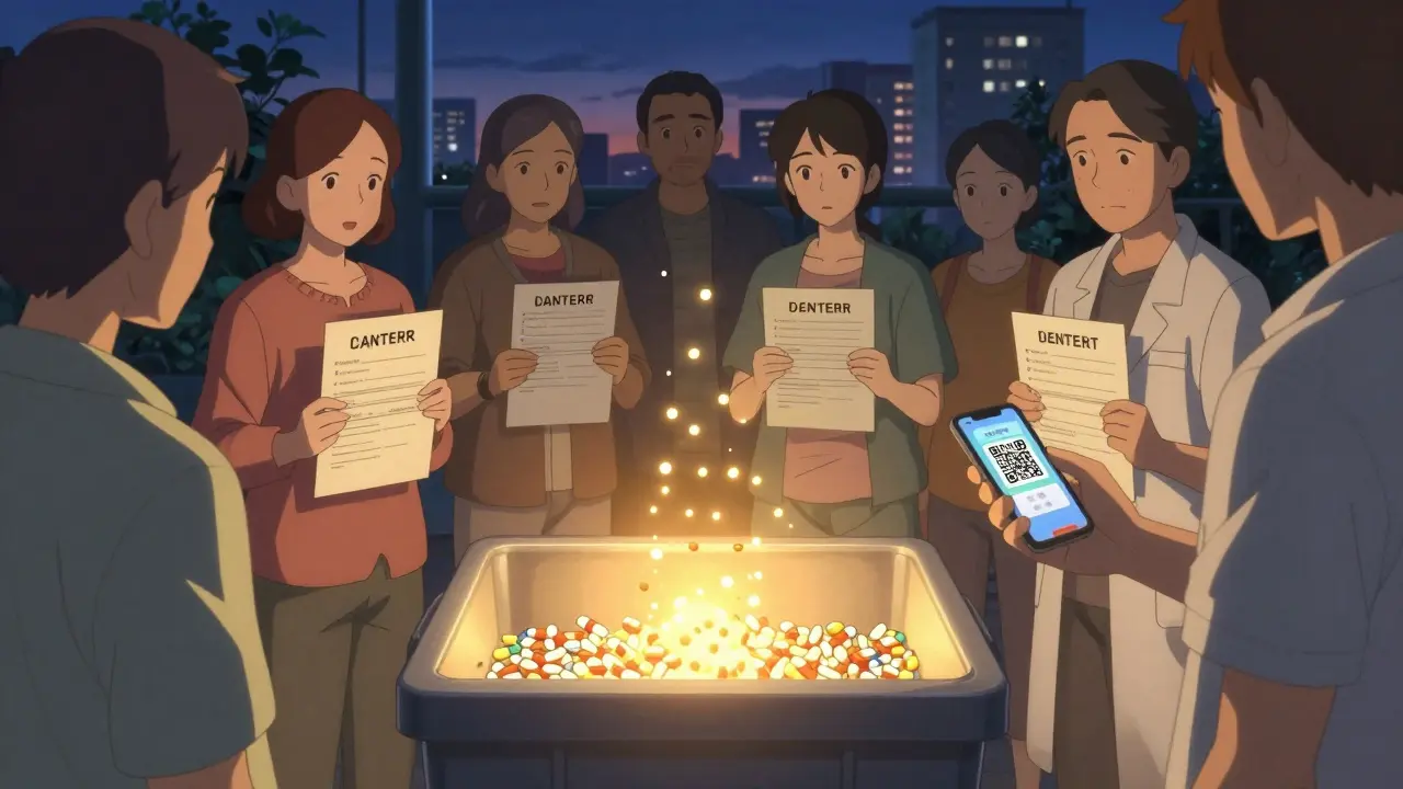 Expired meds being disposed in pharmacy take-back bin with golden light.