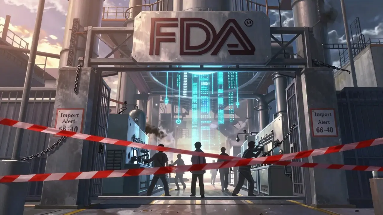 Factory gate sealed by Import Alert 66-40 chains, FDA emblem looming overhead as workers scramble to fix compliance issues.