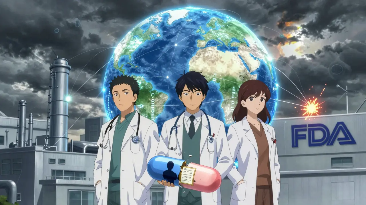 Healthcare professionals stand beneath a glowing globe with digital supply chains, one pill cracked open revealing fraud.