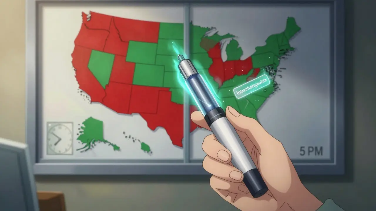 Patient holding two insulin pens side by side, one labeled Semglee with a shimmering interchangeable badge.