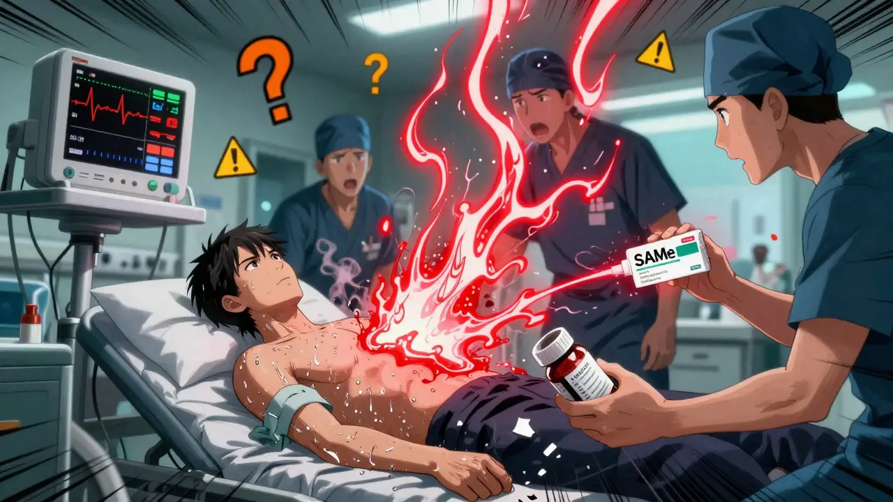 Patient in ER with spiked vital signs, serotonin waves surging through body, medical staff reacting urgently.