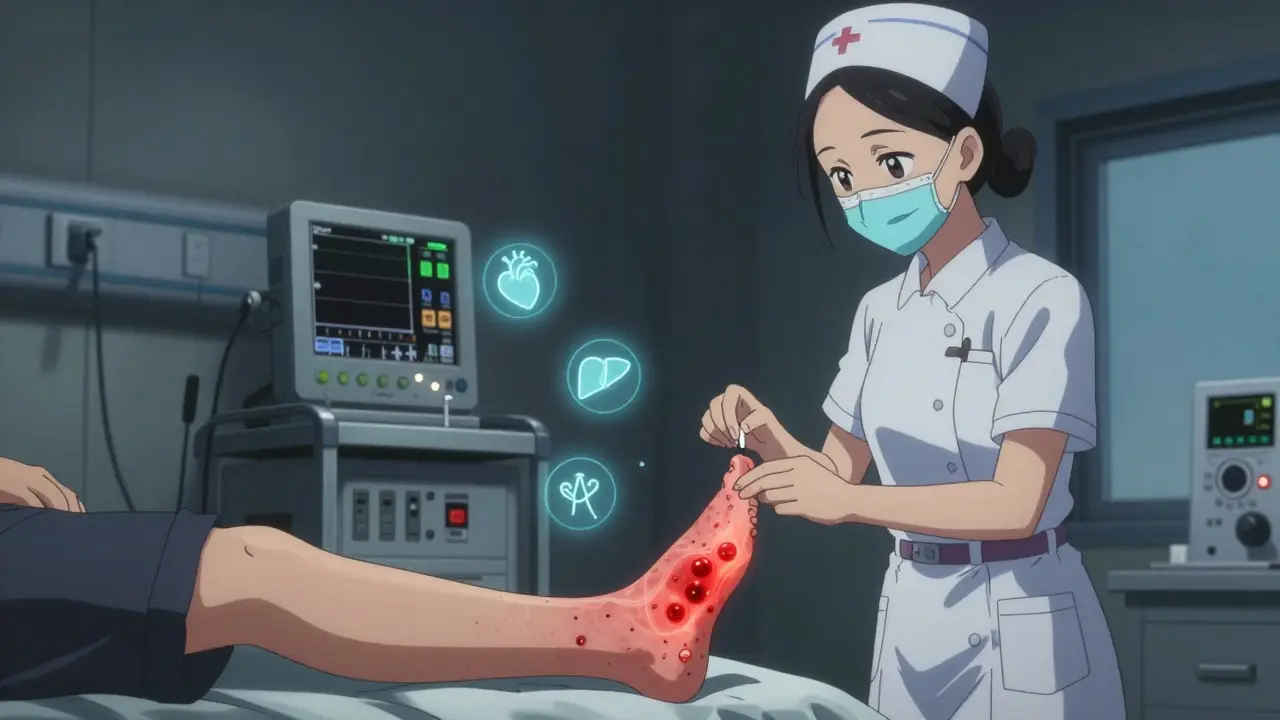 Patient receiving drug again in hospital, identical rash reappearing on ankle under monitoring.