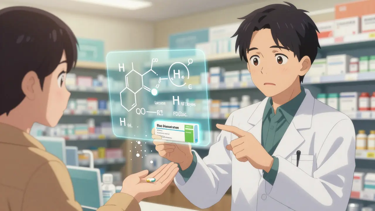 Pharmacist handing a generic pill to a patient, with floating excipient symbols.