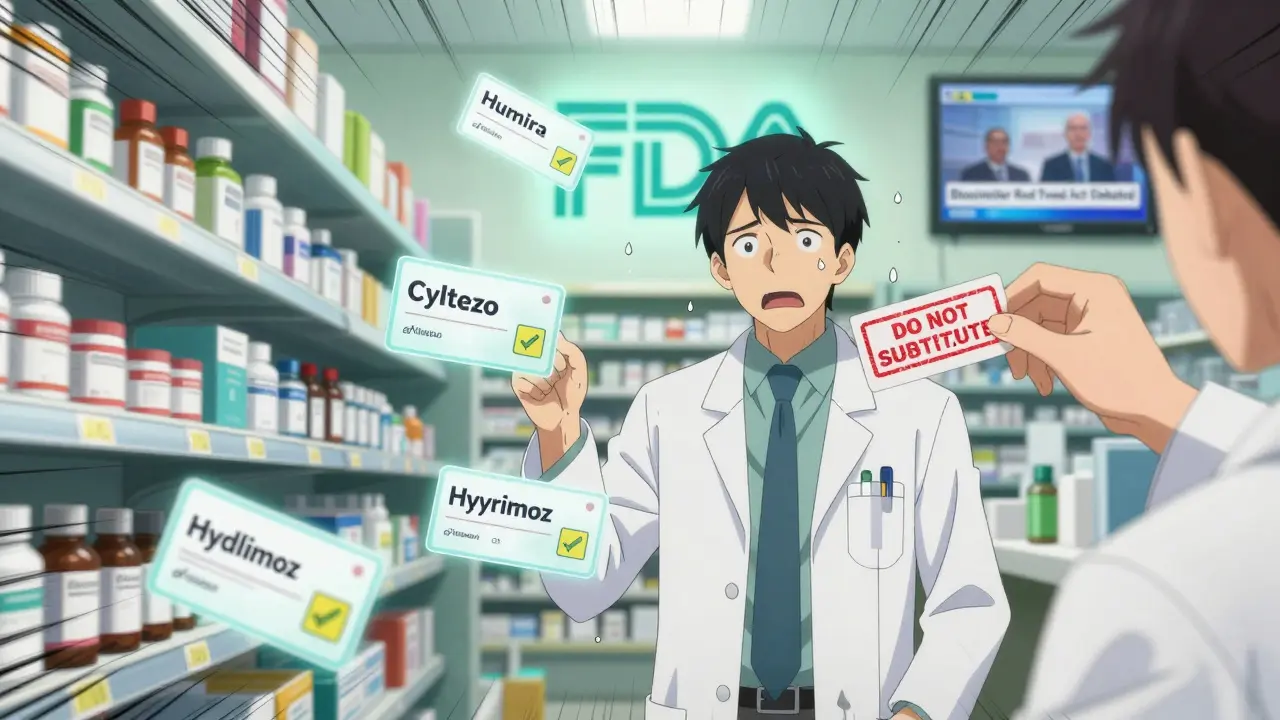 Pharmacist surrounded by floating drug labels and state law icons in a busy pharmacy.