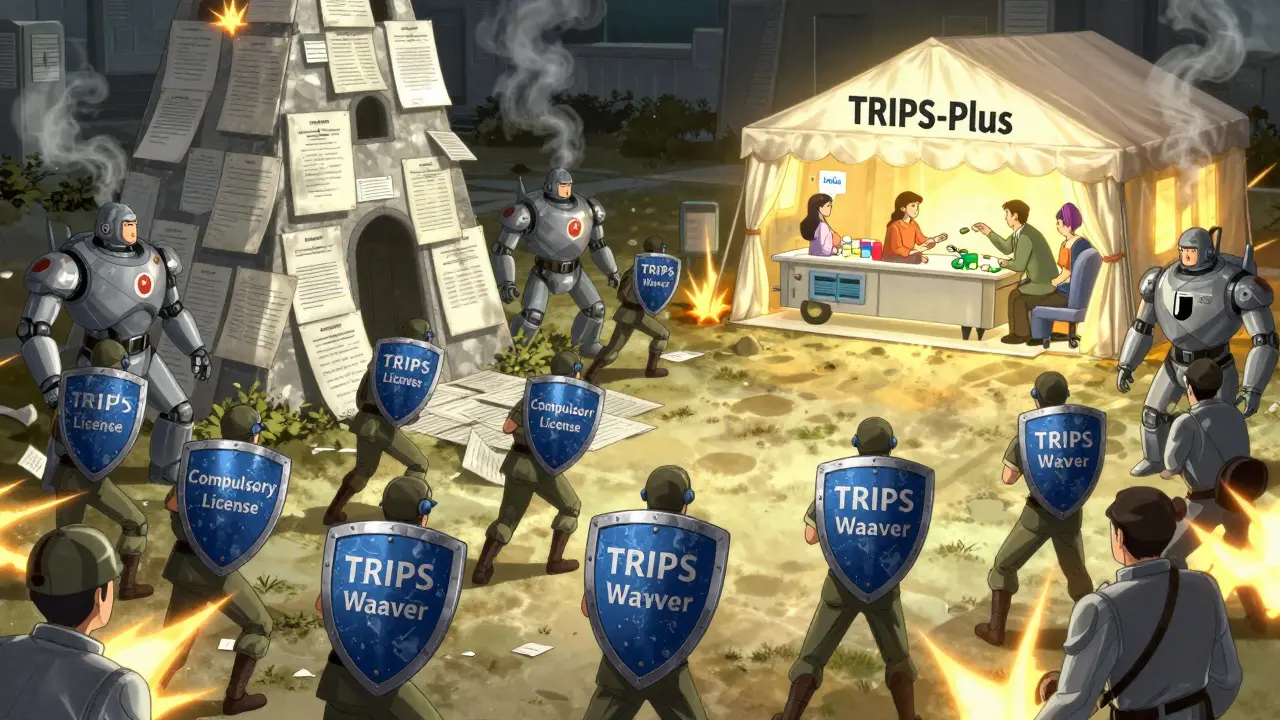 Soldiers with license shields advancing against patent fortress, while a generic medicine truck lights up a hospital tent.