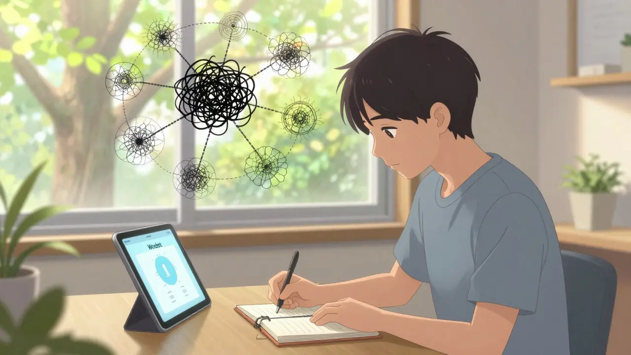 Someone in therapy with thought-webs replacing fear-threads, a digital app glowing nearby as sunlight streams in.