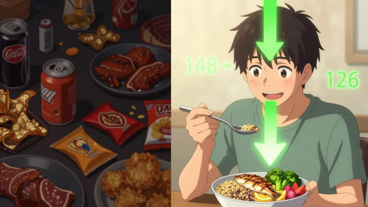 Split anime panel: chaotic junk food vs. vibrant DASH meal with falling blood pressure numbers.