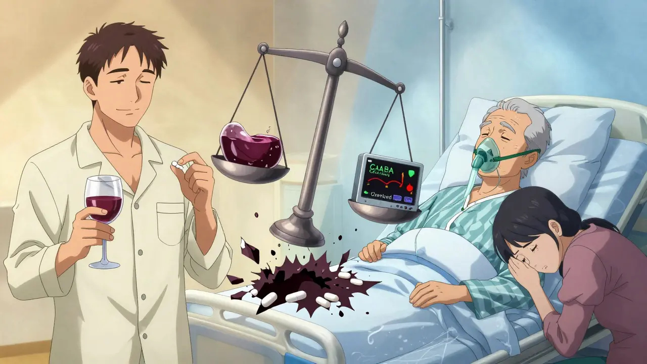 Split image: man taking alcohol and pill vs. elderly person in hospital, scale collapsing between them.