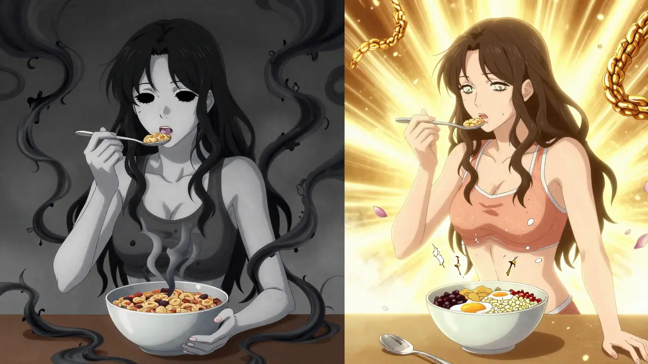 Split image: woman struggling with sugary cereal vs. thriving with balanced meal, showing metabolic transformation.