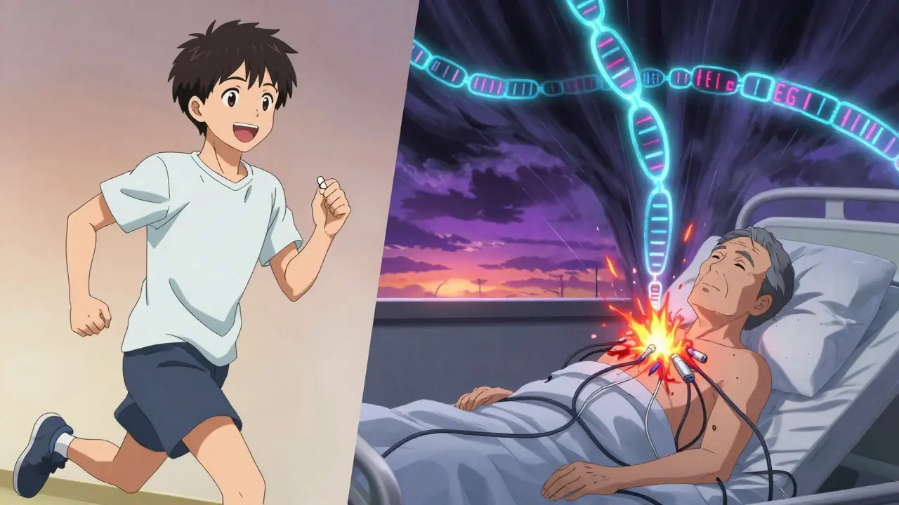 Split scene: healthy person vs. hospitalized patient with electrical storm erupting from heart.