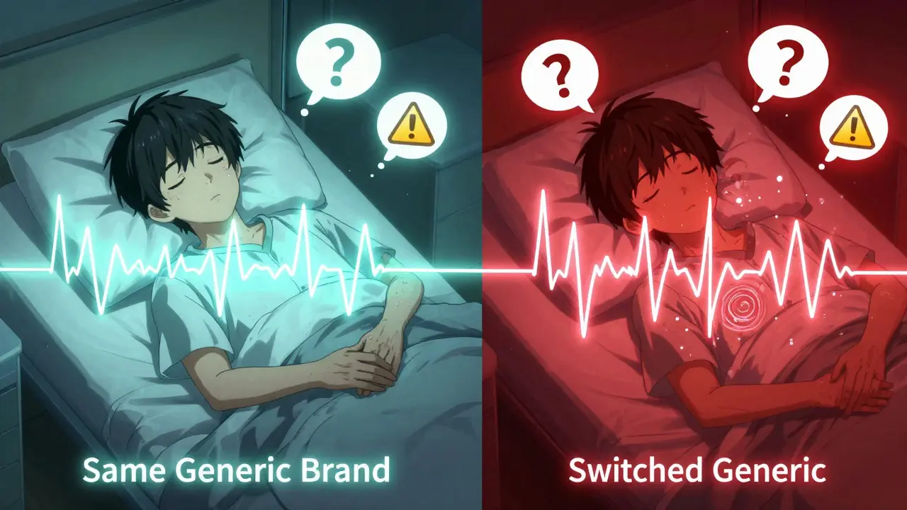 Split scene: peaceful patient with stable INR vs. restless patient with erratic graph.