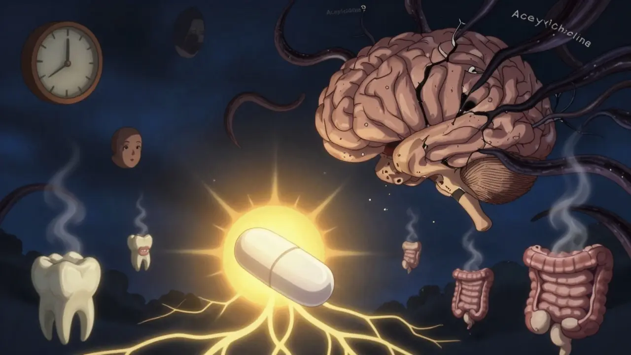 Surreal brain landscape with neural pathways breaking apart, healed by a glowing antihistamine tablet restoring cognitive function.