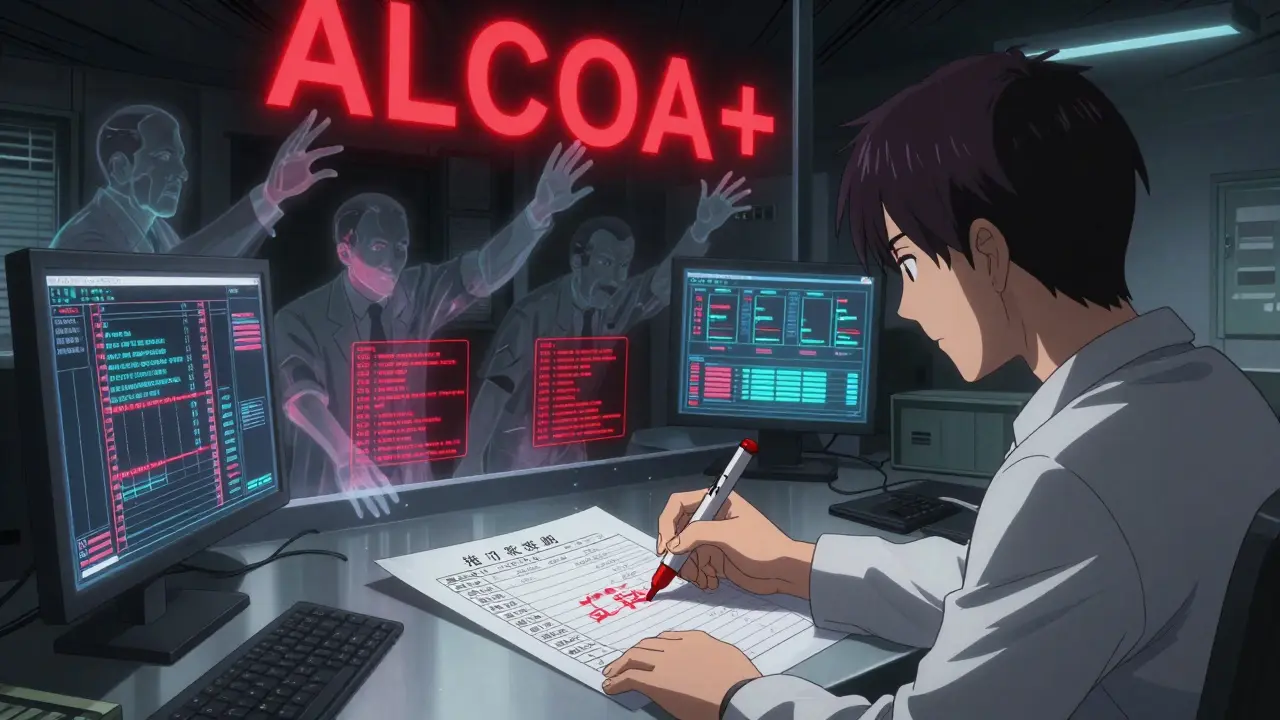 Technician erasing batch records as ghostly inspectors reach through walls, digital audit trails fading on broken monitors.