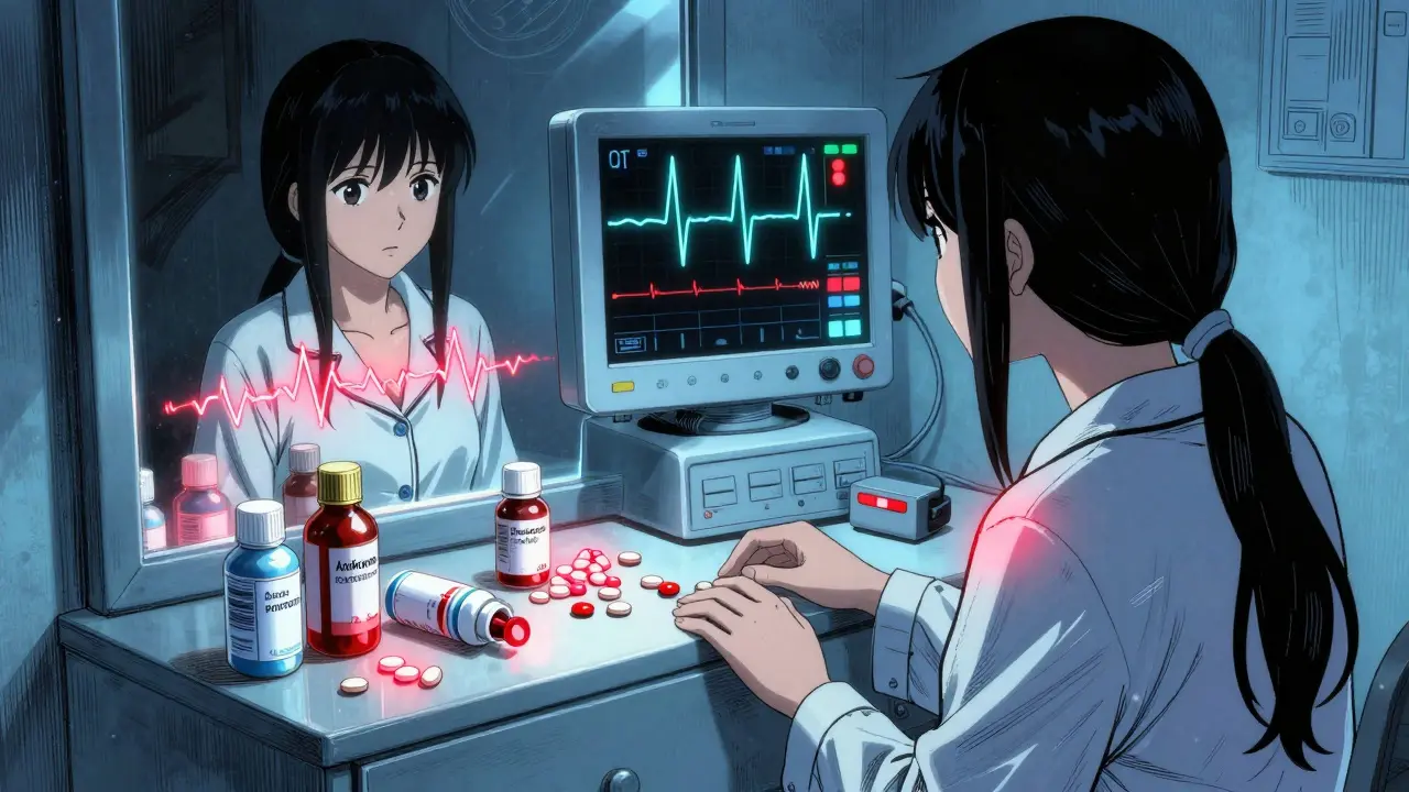 Woman sees her heartbeat as jagged lines in mirror, warning pills spill from cabinet, ECG monitor shows QT prolongation.
