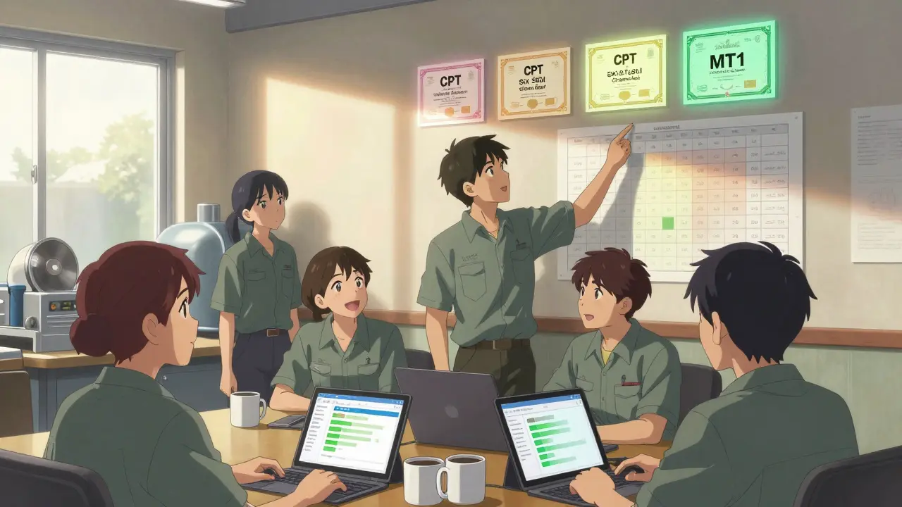 Workers celebrating certified achievements on a wall of badges in a bright factory breakroom.