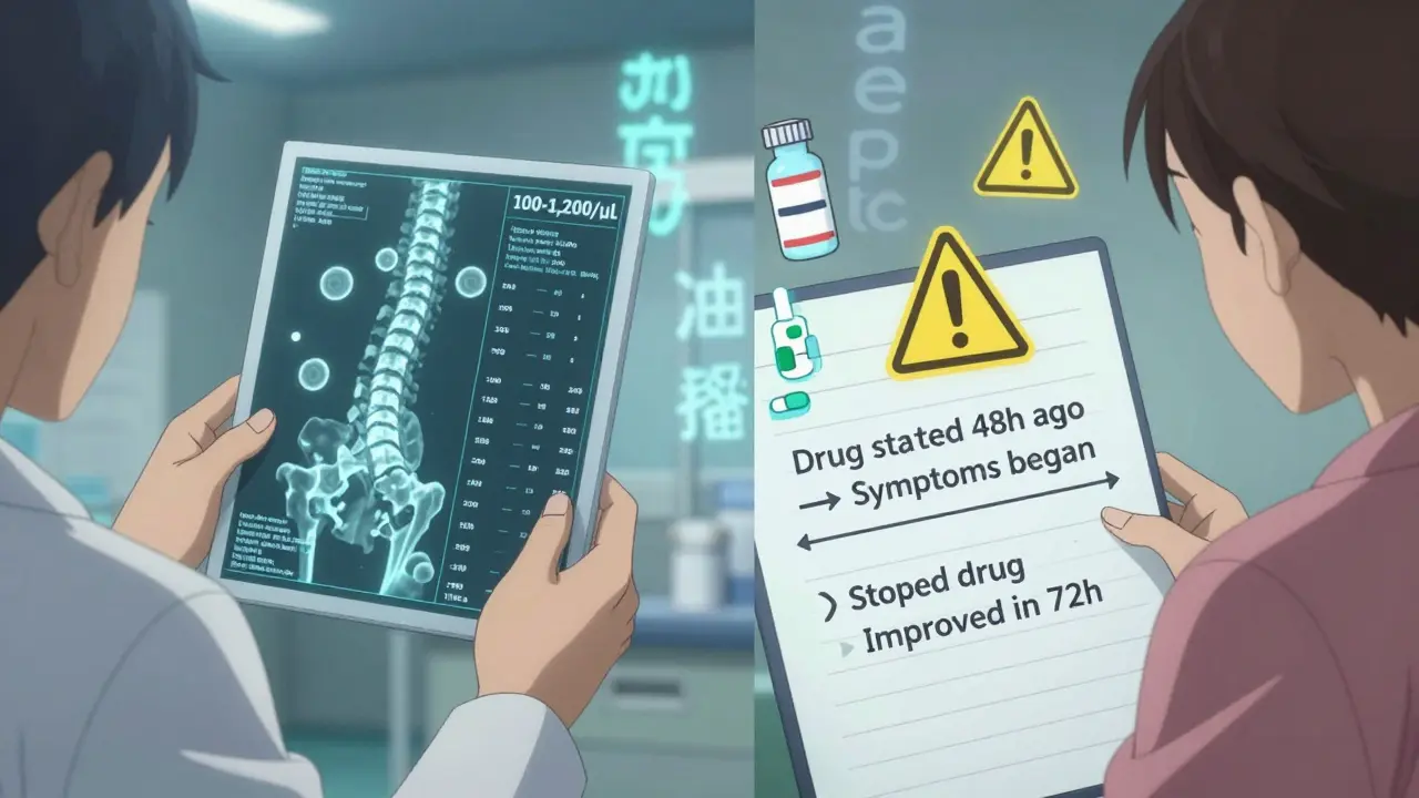 A doctor reviewing spinal fluid results with timelines of drug symptoms and recovery, surrounded by warning icons.