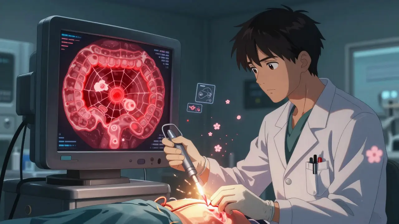 A doctor using colonoscopy to treat a bleeding angiodysplasia lesion, with glowing plasma coagulation on screen.