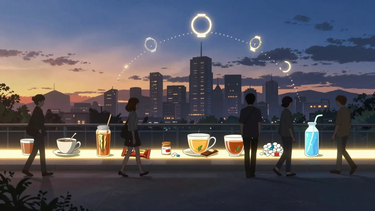 A glowing time barrier separates caffeinated drinks from sleep-friendly alternatives in a cityscape at dusk.
