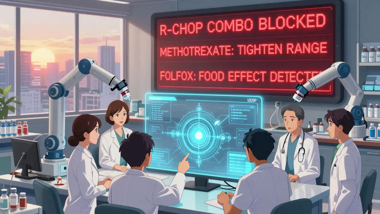 A high-tech pharmacy with digital alerts blocking risky drug substitutions, oncologists using a decision-support interface to protect patients.