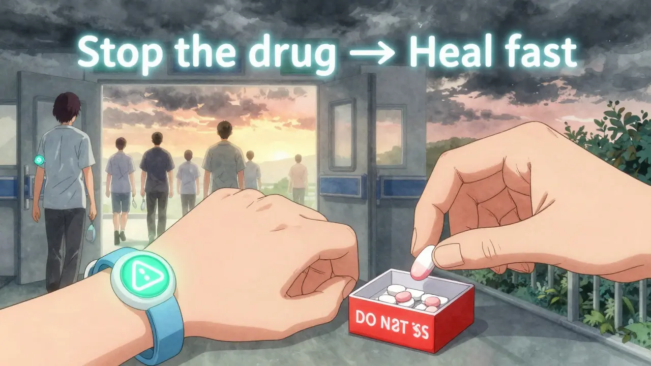 A medical alert bracelet next to a pill being discarded into a 'DO NOT USE' box, with patients walking away from a hospital.