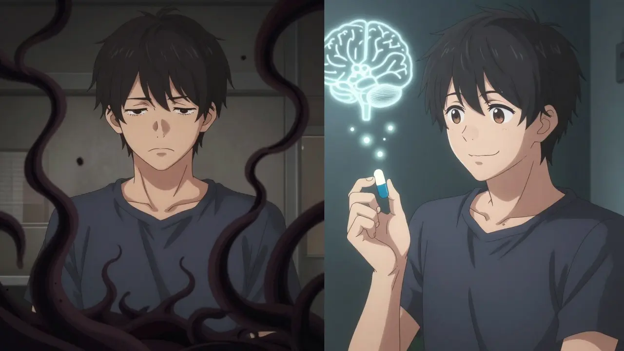 A patient divided between dark shadows and light particles, symbolizing the nocebo effect from generic medication perception.