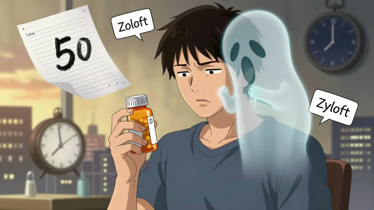 A patient examines a pill bottle while a ghostly correct prescription floats beside it, revealing a dangerous dosage mismatch.