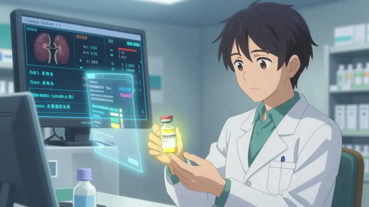 A pharmacist and technician carefully double-check a high-alert drug vial, with digital patient data and an AI alert visible nearby.