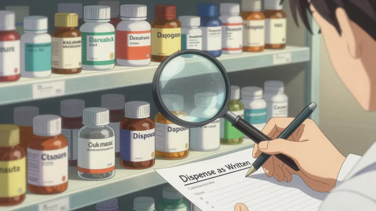 A pharmacy shelf with international generic drugs, a magnifying glass revealing filler differences, and a prescription note.