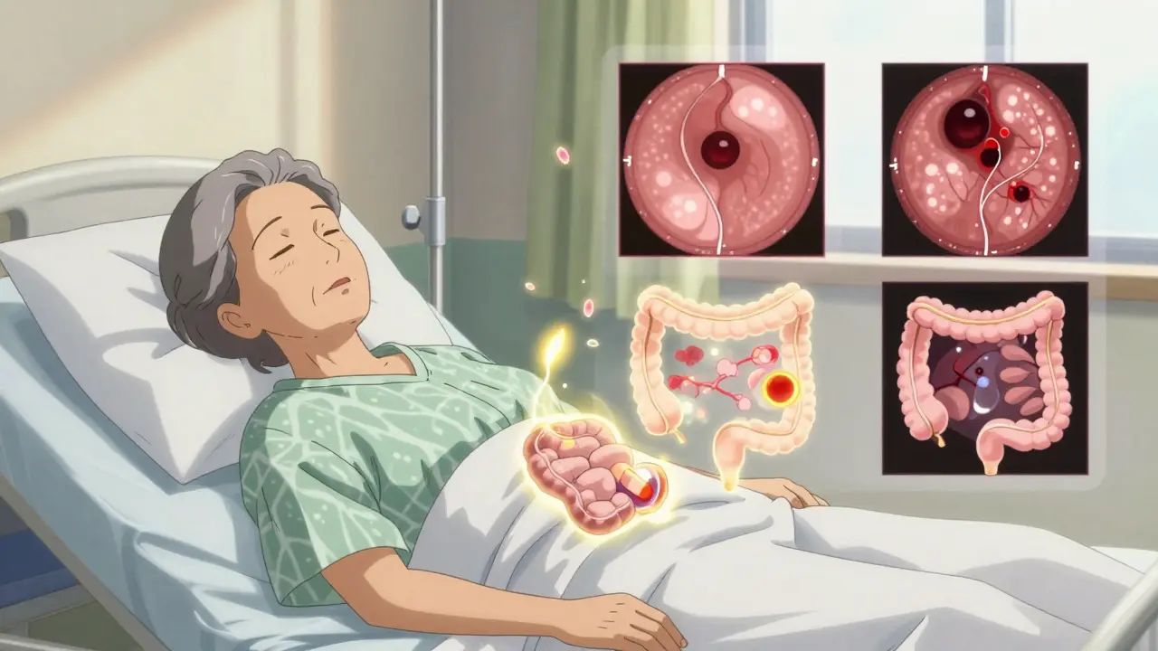 An elderly woman in bed as a capsule camera glows through her intestines, revealing hidden vascular lesions.