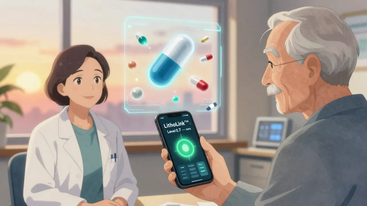 Elderly patient using a smart device to monitor safe lithium levels, with a glowing nano-lithium molecule repelling harmful drugs in a hopeful sunset scene.