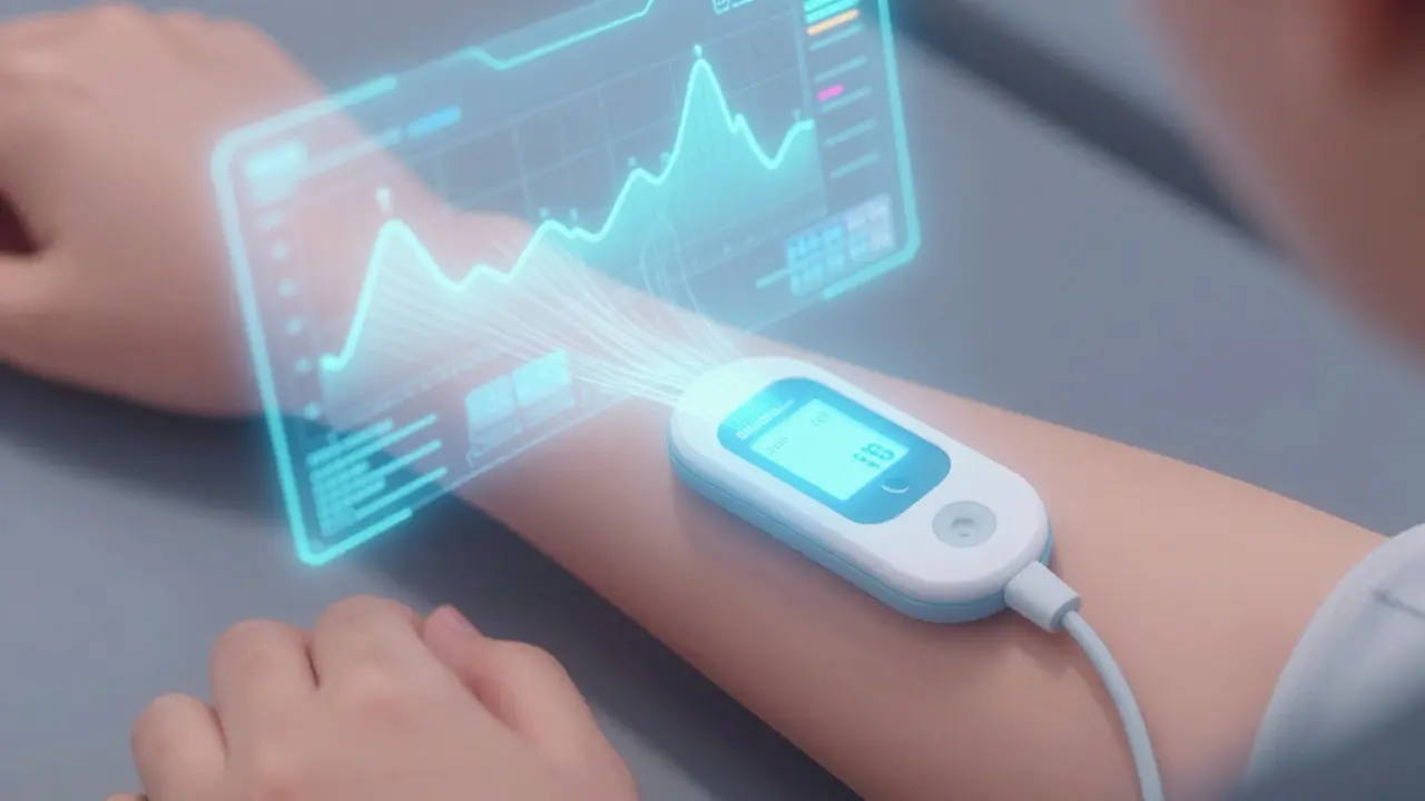 Futuristic implantable sensor beneath skin with predictive glucose data streams.
