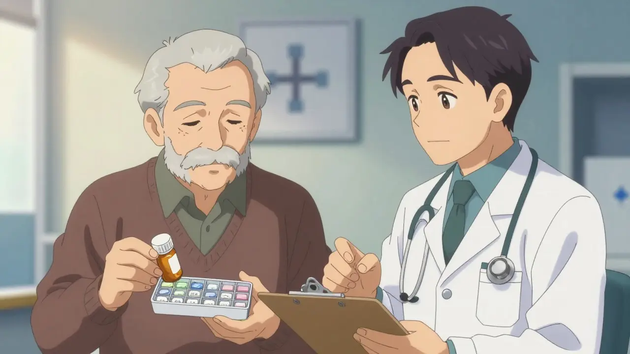 Senior and doctor reviewing medications in clinic, calm atmosphere