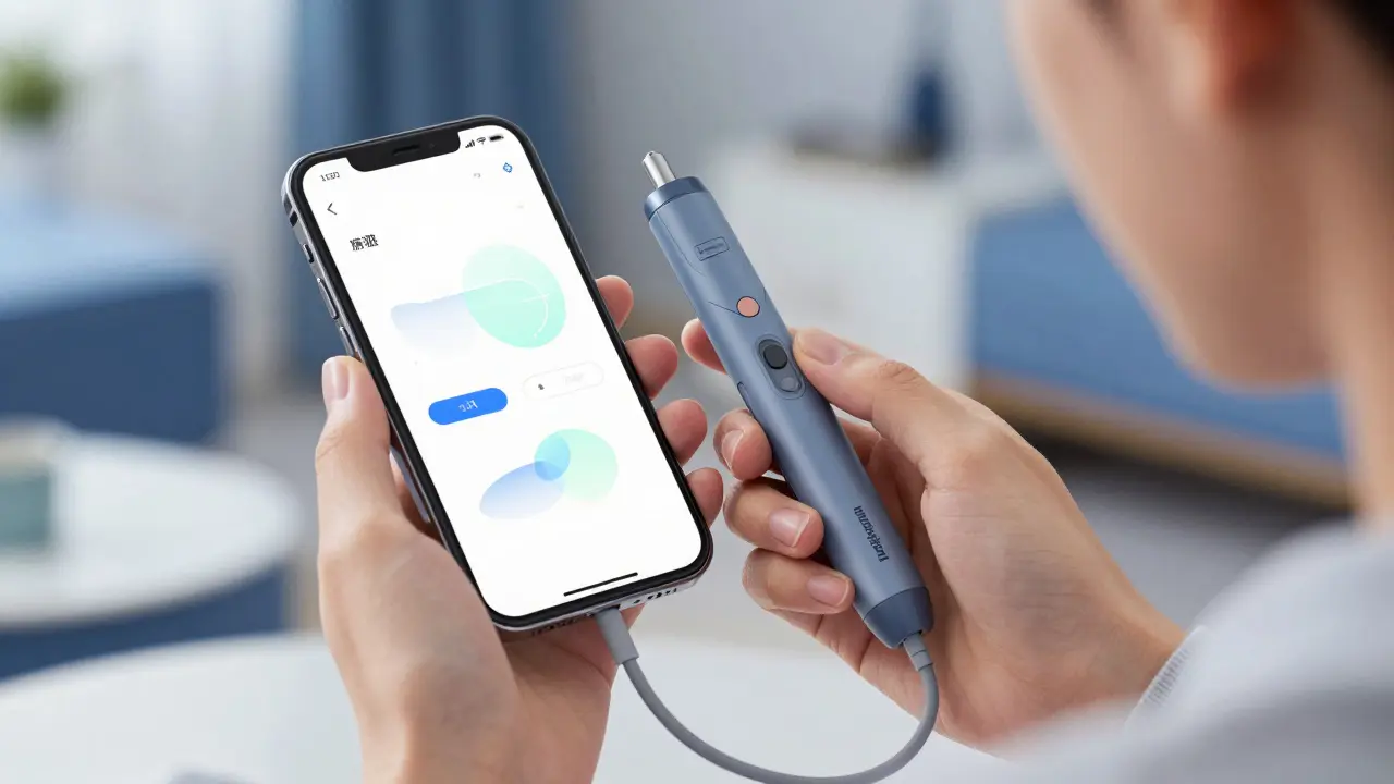 Smart insulin pen connected to phone showing integrated diabetes management data.