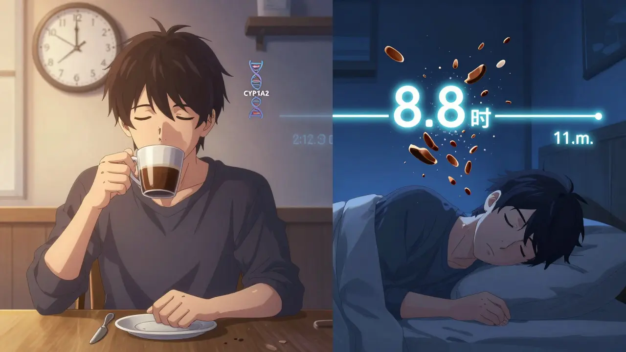 Split scene showing coffee consumption at 2:12 p.m. and disrupted sleep at 11 p.m. with a genetic marker.