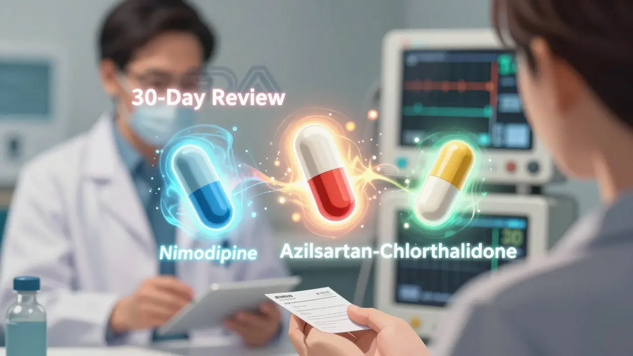 Three essential generic drugs glowing with priority auras, floating beside a pulsing FDA logo and timelines showing accelerated approval.