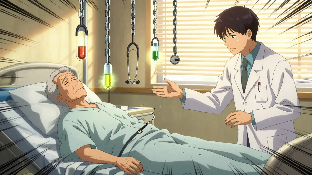 A fractured stethoscope over an unconscious elderly patient, with chains representing dangerous drug combinations breaking one by one.