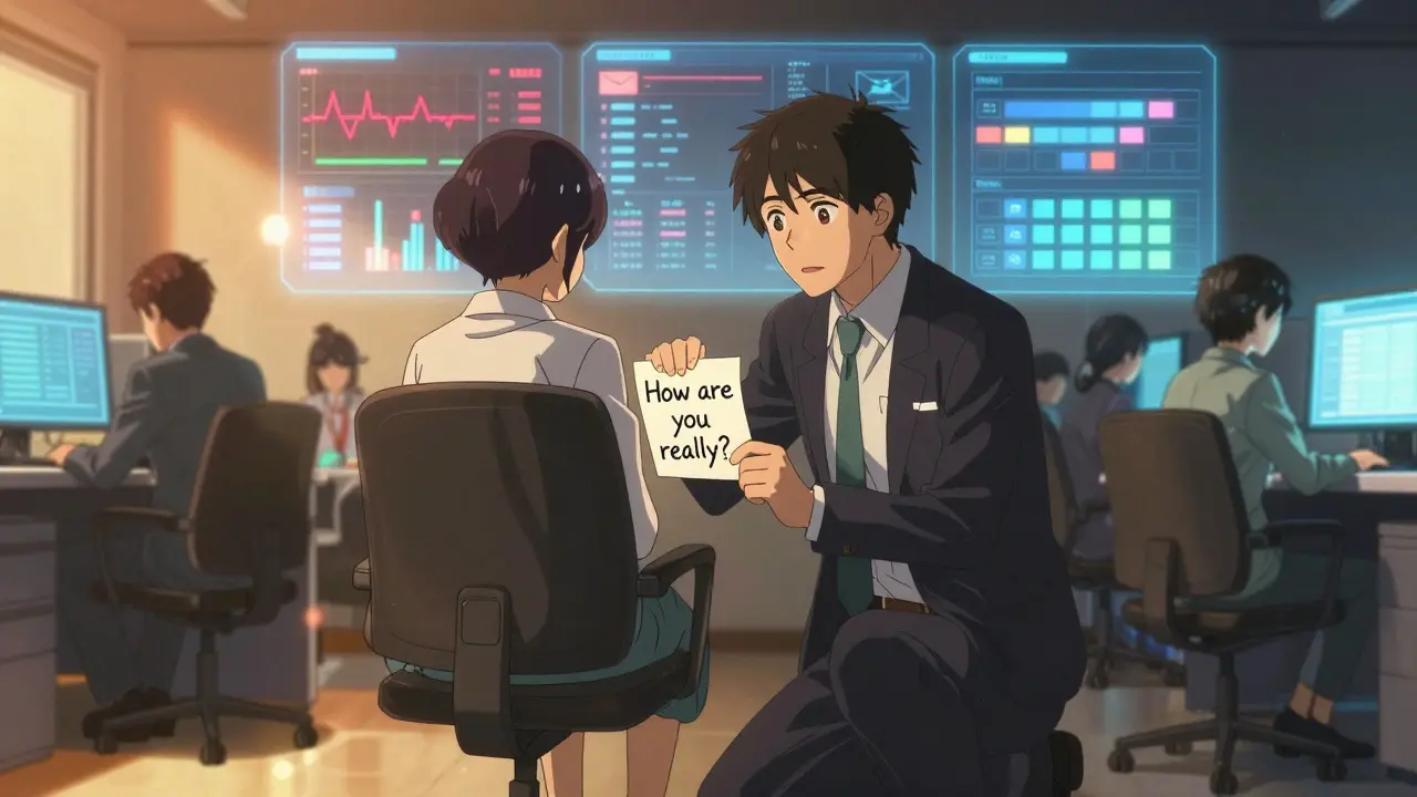 A manager offering support to an empty chair, with holographic stress data glowing in the background.