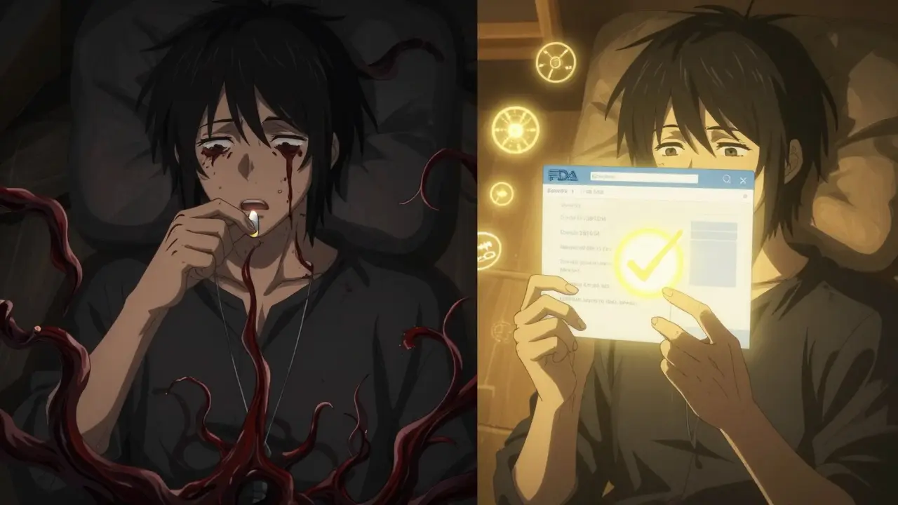 A patient taking a dangerous pill versus safely verifying its lot number with a glowing FDA checkmark.