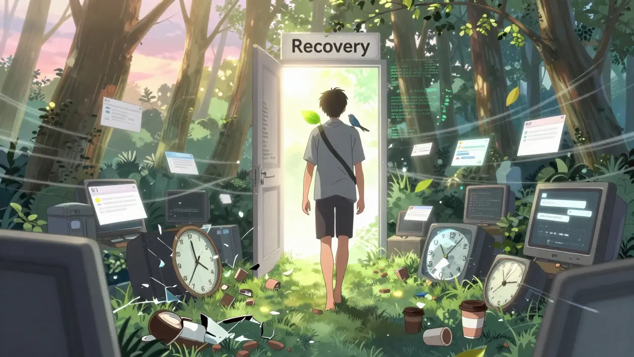 A person walking through a digital wasteland toward a forest door made of light, a bird carrying a leaf.