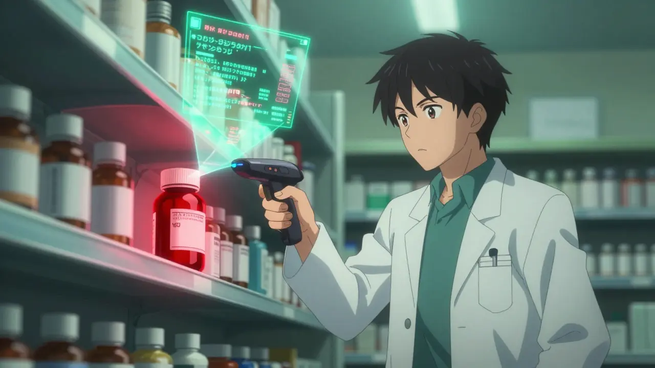 A pharmacist scanning medicine bottles with a holographic recall alert glowing above the shelf.