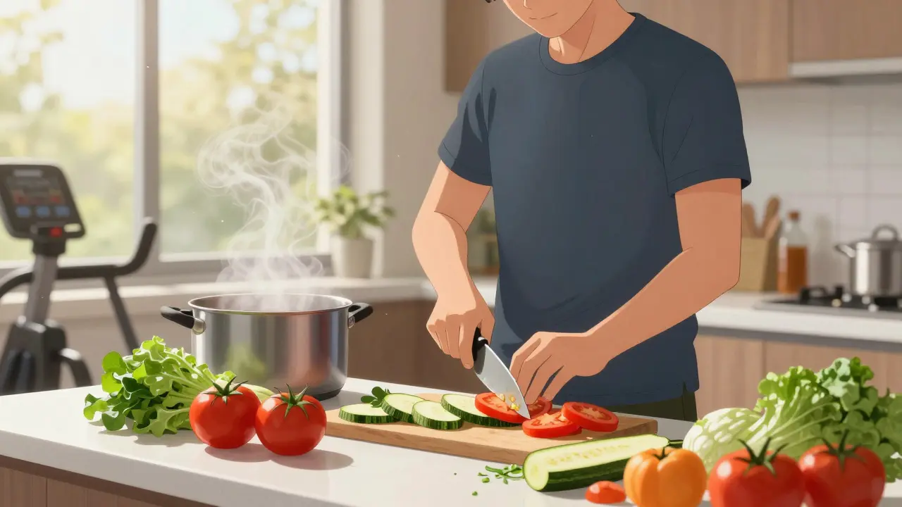 Anime character preparing fresh Mediterranean vegetables in kitchen