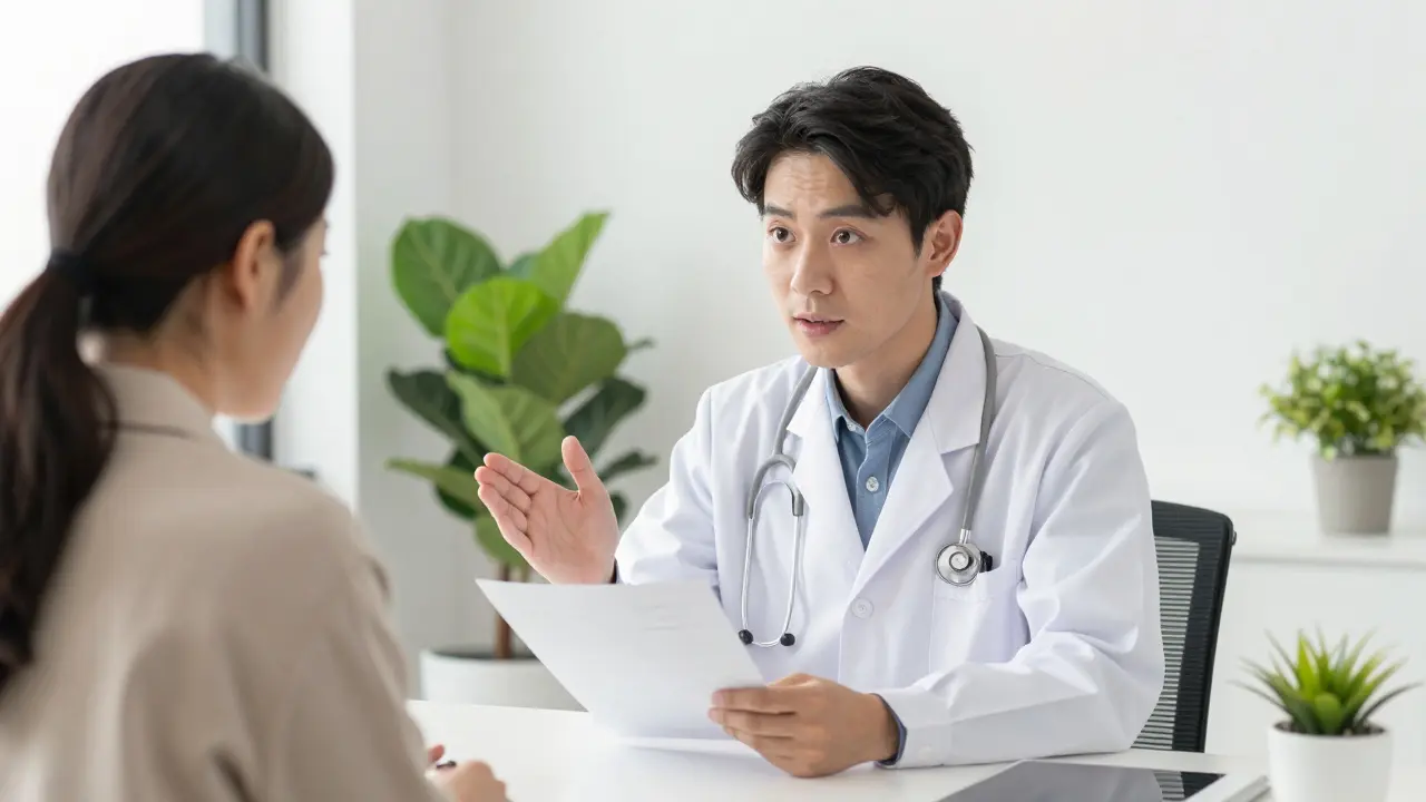 Doctor and patient discussing health plan in bright medical office