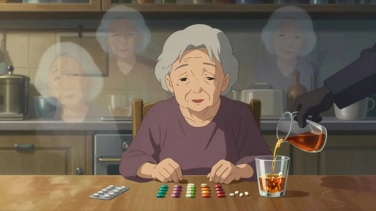 Elderly woman at kitchen table with pills and alcohol, ghostly past selves fading away as shadowy hand pours more.