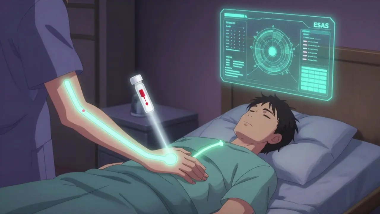 Multimodal pain relief system visualized as glowing pathways over a resting patient