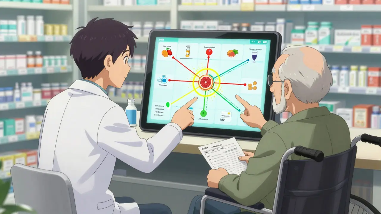 Pharmacist and elderly man examining drug interaction map on a tablet in a pharmacy.
