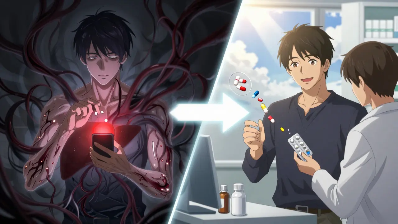 Split scene: man ignoring danger vs. safely consulting pharmacist with new medication.