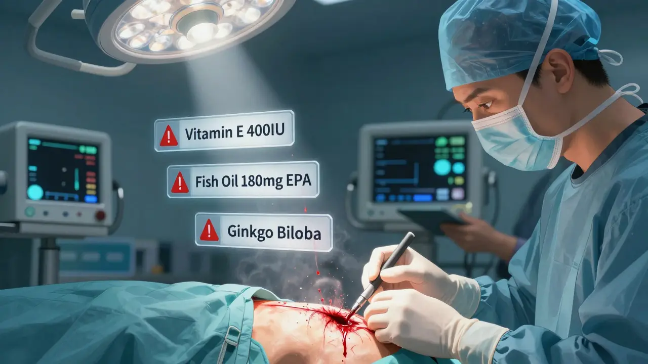 Surgery interrupted by excessive bleeding, transparent labels highlighting high-risk supplements above the patient.